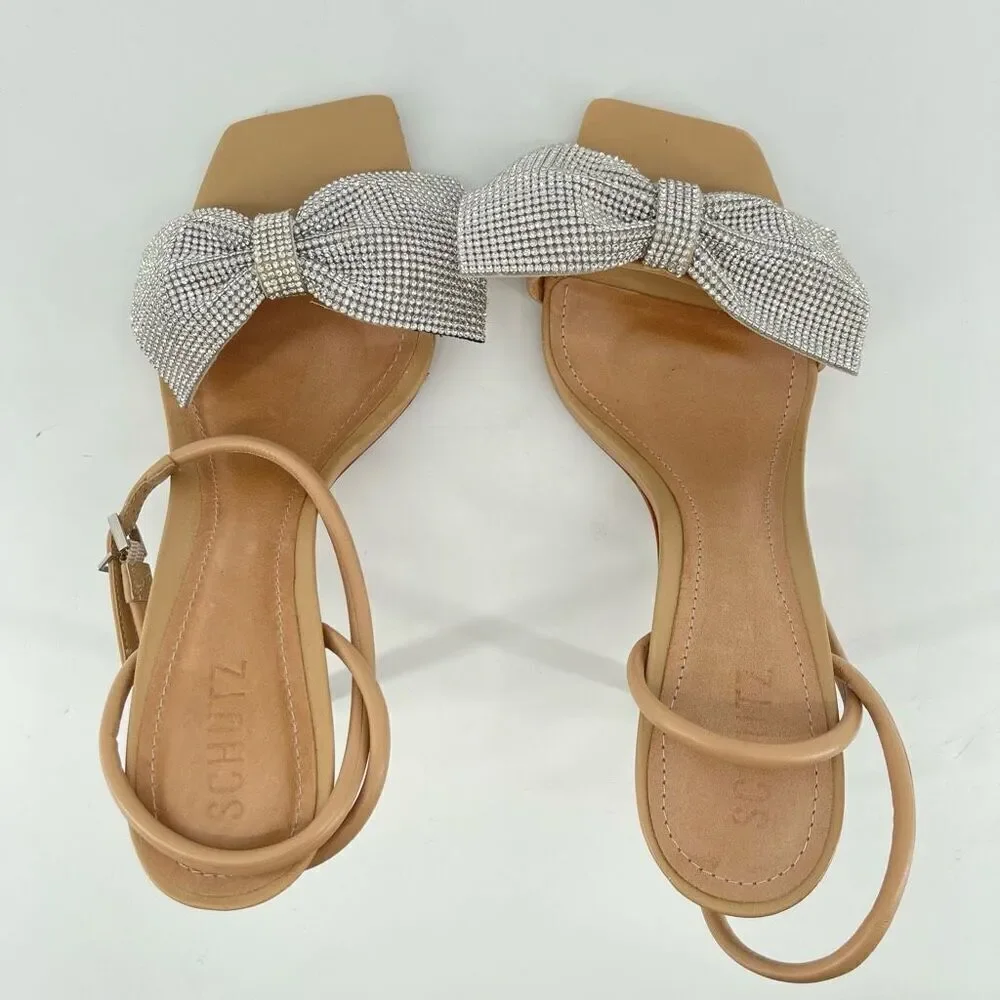 Schutz Mila Glam Heels 9.5 Rhinestone Bow 4” Heel Ankle Strap Square Toe